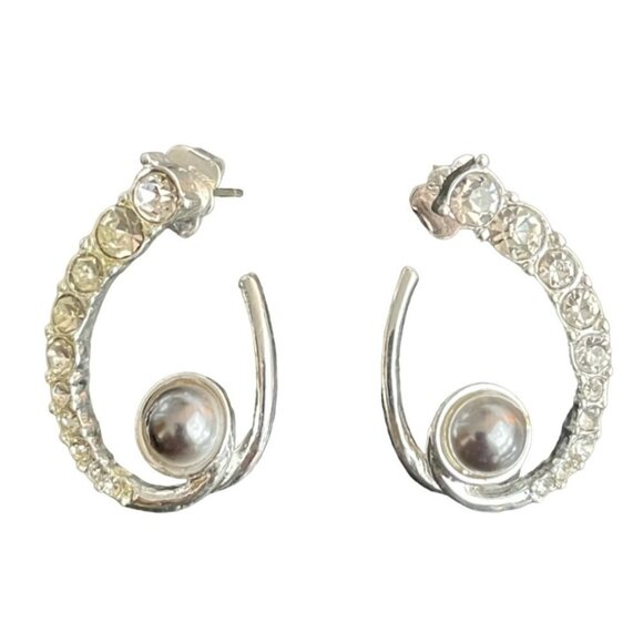 Avon Ellea Hoop Earrings Rhinestone Butterfly Closure Silver Tone - Picture 1 of 5